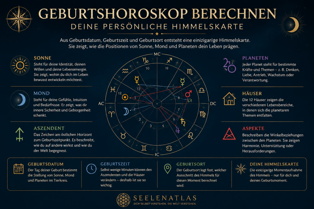 Geburtshoroskop berechnen – persönliche Himmelskarte mit Sonne, Mond, Aszendent, Planeten und Häusern